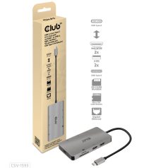   Club3D USB3.2 Gen1 Type-C 8-in-1 hub with 2xHDMI / 2xUSB-A / RJ45 / SD/Micro SD card slots and USB Type-C female port