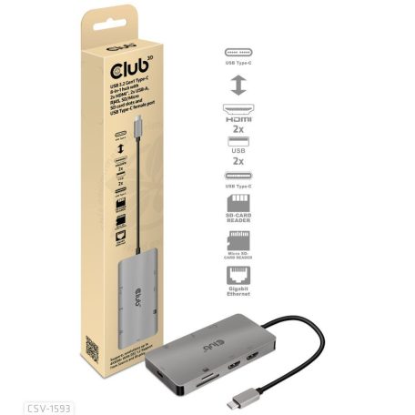 Club3D USB3.2 Gen1 Type-C 8-in-1 hub with 2xHDMI / 2xUSB-A / RJ45 / SD/Micro SD card slots and USB Type-C female port