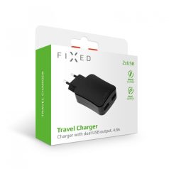   FIXED Travel hálózati USB-s töltő, 2xUSB kimenet, 24W (2x2.4A), Fekete