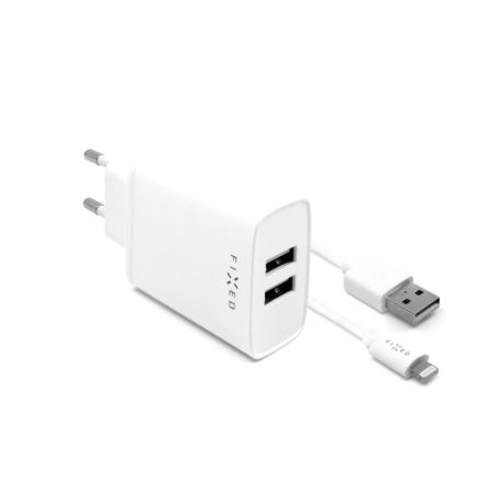 FIXED hálózati telefontöltő, 2 USB kimenet, USB/Lightning 1 m-es MFI kábel a csomagban, 15W Smart gyorstöltés, fehér