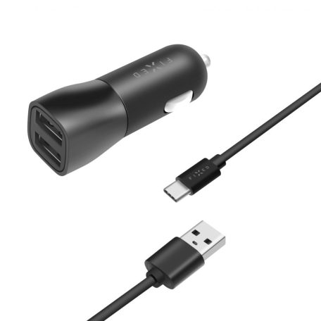 FIXED Autós töltő készlet, 2xUSB kimenettel, USB/USB-C kábel, 1 méter, 15W Smart gyors töltés, Fekete