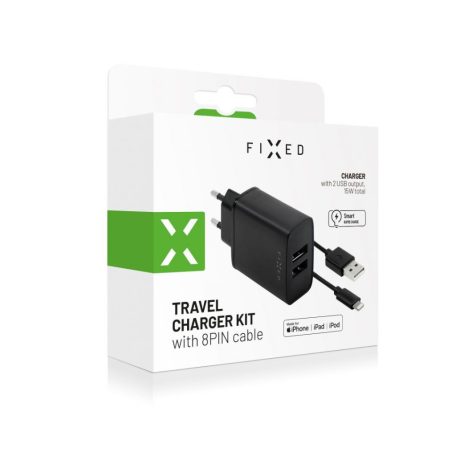 FIXED hálózati telefontöltő, 2 USB kimenet, USB/Lightning 1 m-es MFI kábel a csomagban, 15W Smart gyorstöltés, fekete