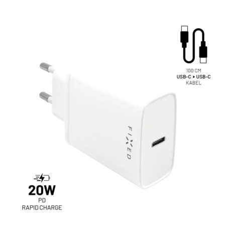 FIXED USB-C hálózati töltő 20W + USB-C/USB-C kábel, 1 méter, fehér