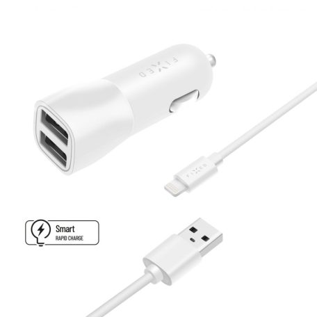 FIXED Dual USB Car Charger 15W + USB/Lightning Cable, Fehér