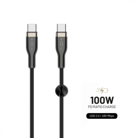 FIXED töltő- és adatkábel hosszú fonattal, USB-C/USB-C csatlakozókkal, PD támogatással, 2 m, USB 2.0, 100 W, fekete