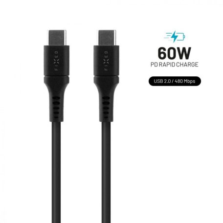 FIXED szilikon töltő- és adatkábel, USB-C/USB-C csatlakozók, PD támogatás, 1,2 m, USB 2.0, 60 W, fekete