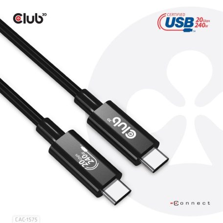 Club3D USB4 Gen2x2 Type-C Bi-Directional USB-IF Certified 4K60Hz Data 20Gbps PD 240W(48V/5A) EPR M/M Cable 2m Black