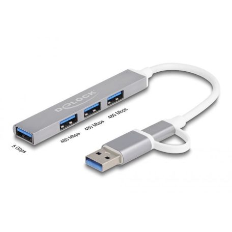 DeLock 4 Port Slim USB Hub with USB Type-C or USB Type-A to 3xUSB 2.0 Type-A female + 1 x USB 5 Gbps Type-A female Grey