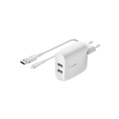   Belkin BoostCharge Dual USB-A Wall Charger 24W + Lightning to USB-A Cable White