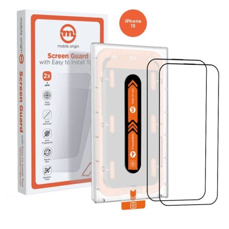 Mobile Origin Orange Screen Guard iPhone 15 with easy applicator, 2 pack