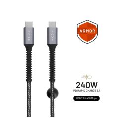   FIXED Armor (FIXDA-CC12-GR)  USB-C/USB-C adat és töltőkábel, 1.2 m, 240W, fonott nejlon borítás, törésgátló, szürke