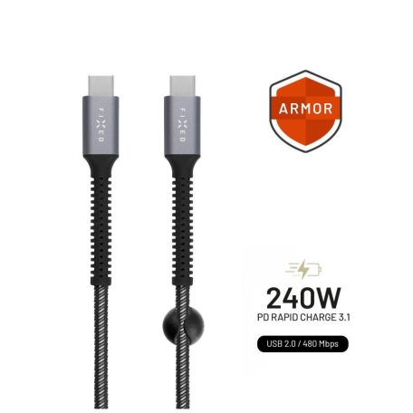 FIXED Armor (FIXDA-CC12-GR)  USB-C/USB-C adat és töltőkábel, 1.2 m, 240W, fonott nejlon borítás, törésgátló, szürke