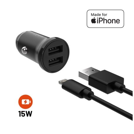 FIXED USB autós töltő 2 USB aljzattal 15W + USB/Lightning kábel, fekete, FIXCC15N-2UL-BK