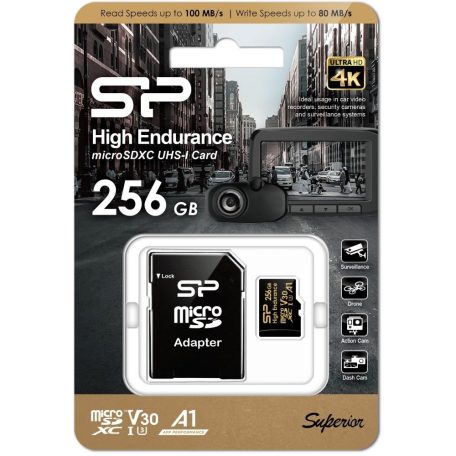 Silicon Power 256GB microSDXC Gold Series High Endurance Class 10 UHS-I U3 V30 A1 + adapterrel