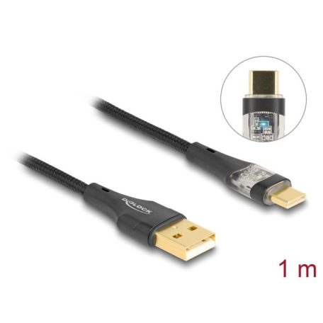 DeLock USB 2.0 Cable Type-A male to USB Type-C male with Fast Charging 60 W transparent 1m Black