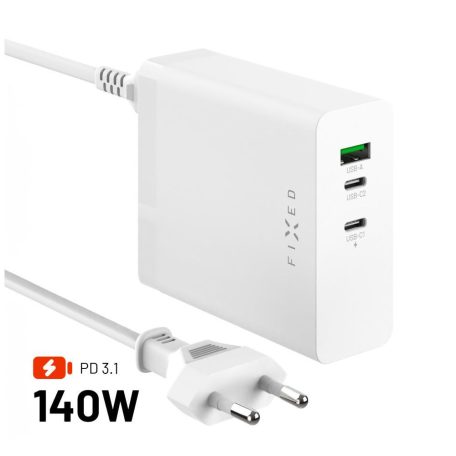 FIXED hálózati töltőállomás, 2xUSB-C/1xUSB, GaN technológia, PD 3.1 támogatás, 140W, fehér