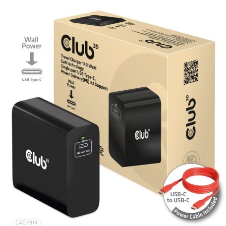 Club3D Travel Charger 140 Watt GaN technology, Single port USB Type-C, Power Delivery(PD) 3.1 Support