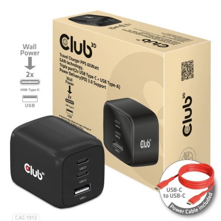 Club3D Travel Charger PPS 65Watt GAN technology, Triple port (2x USB Type-C + USB Type-A) Power Delivery(PD) 3.0 Support