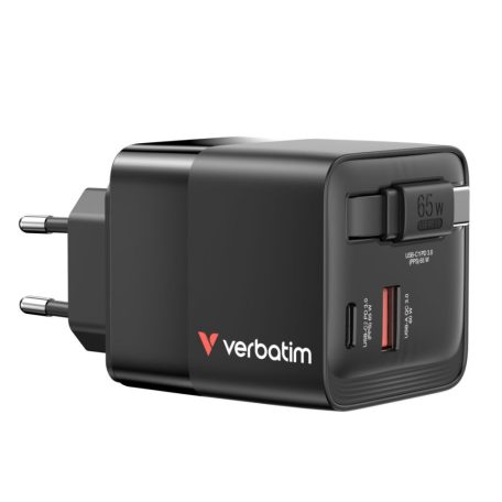 Verbatim GaN Wall Charger 65W 2 Port with Retractable Cable Black